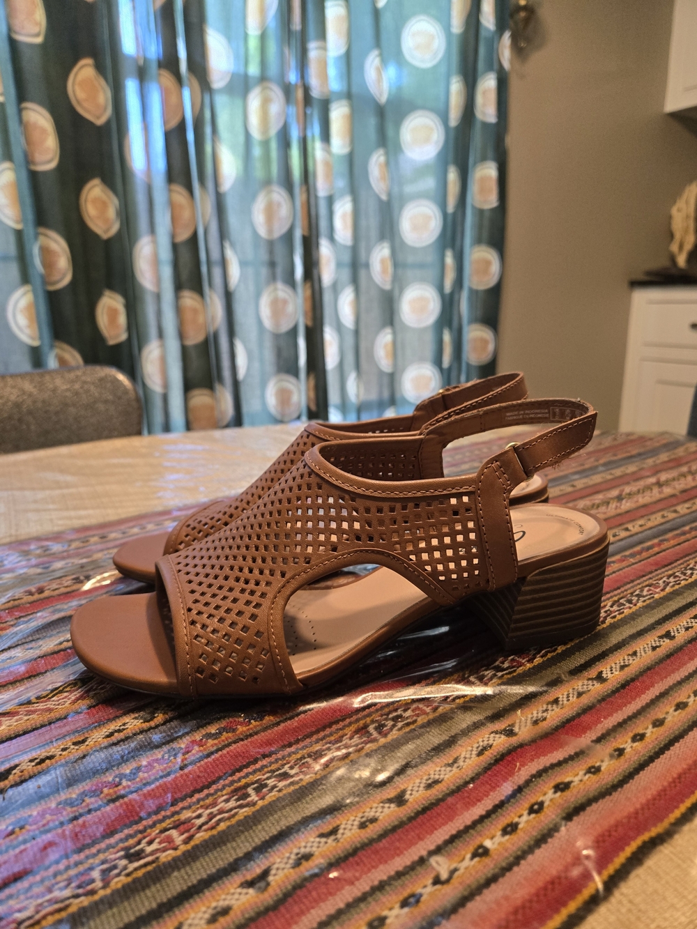 Clarks Tan Perforated Slingback Block Heel Sandals